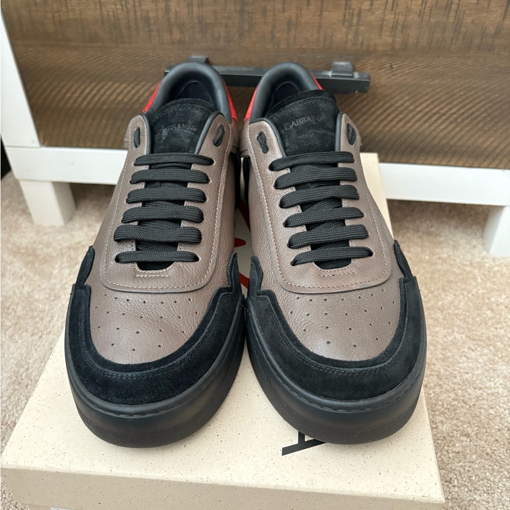 Size 12 Dolce & Gabbana Men's Brown/Black Roma Leather Sneakers with Suede trim